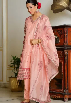 Block Printed Art Chanderi Silk Pakistani Suit in Peach