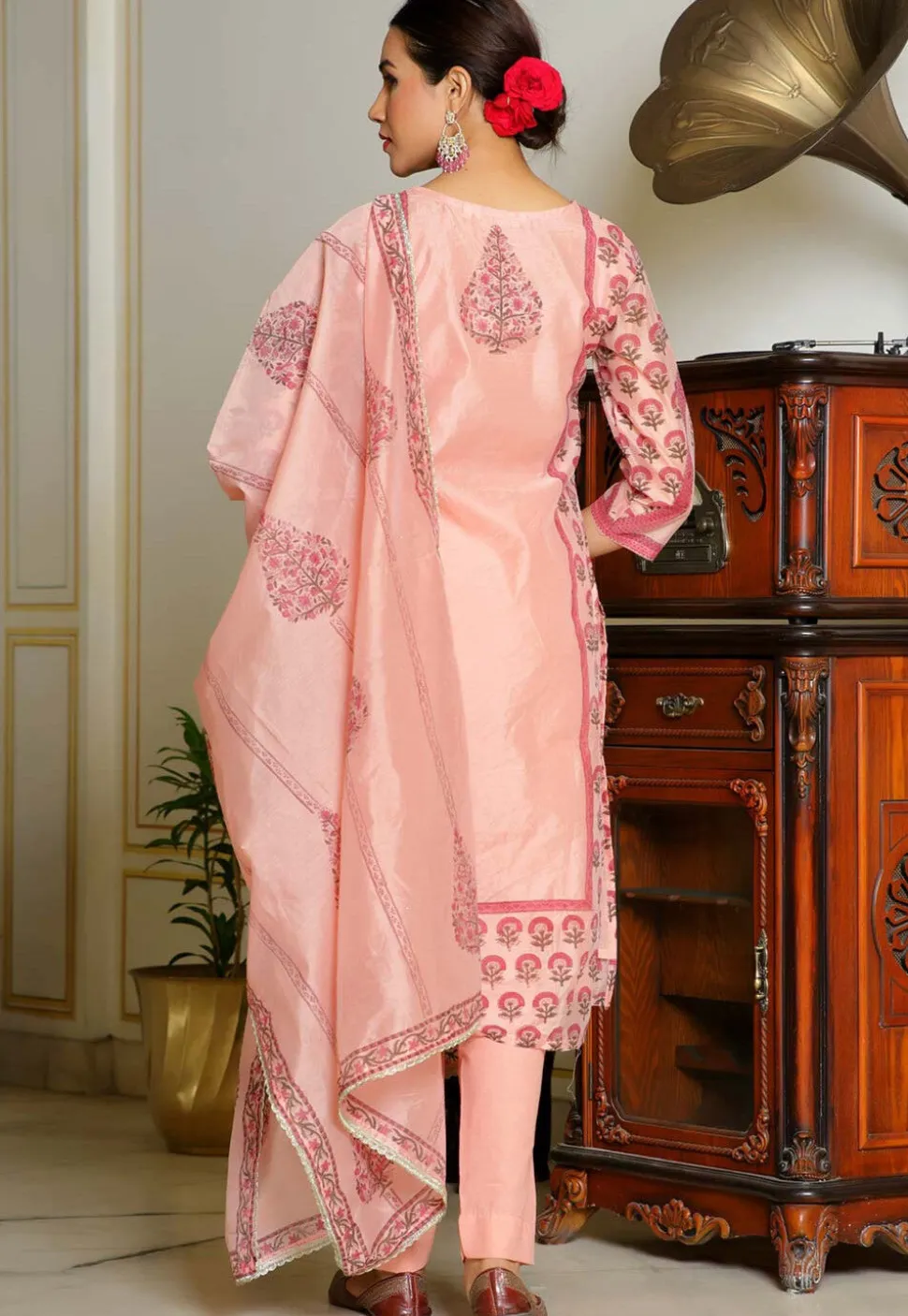 Block Printed Art Chanderi Silk Pakistani Suit in Peach