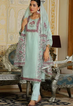 Block Printed Art Chanderi Silk Pakistani Suit in Pastel Green