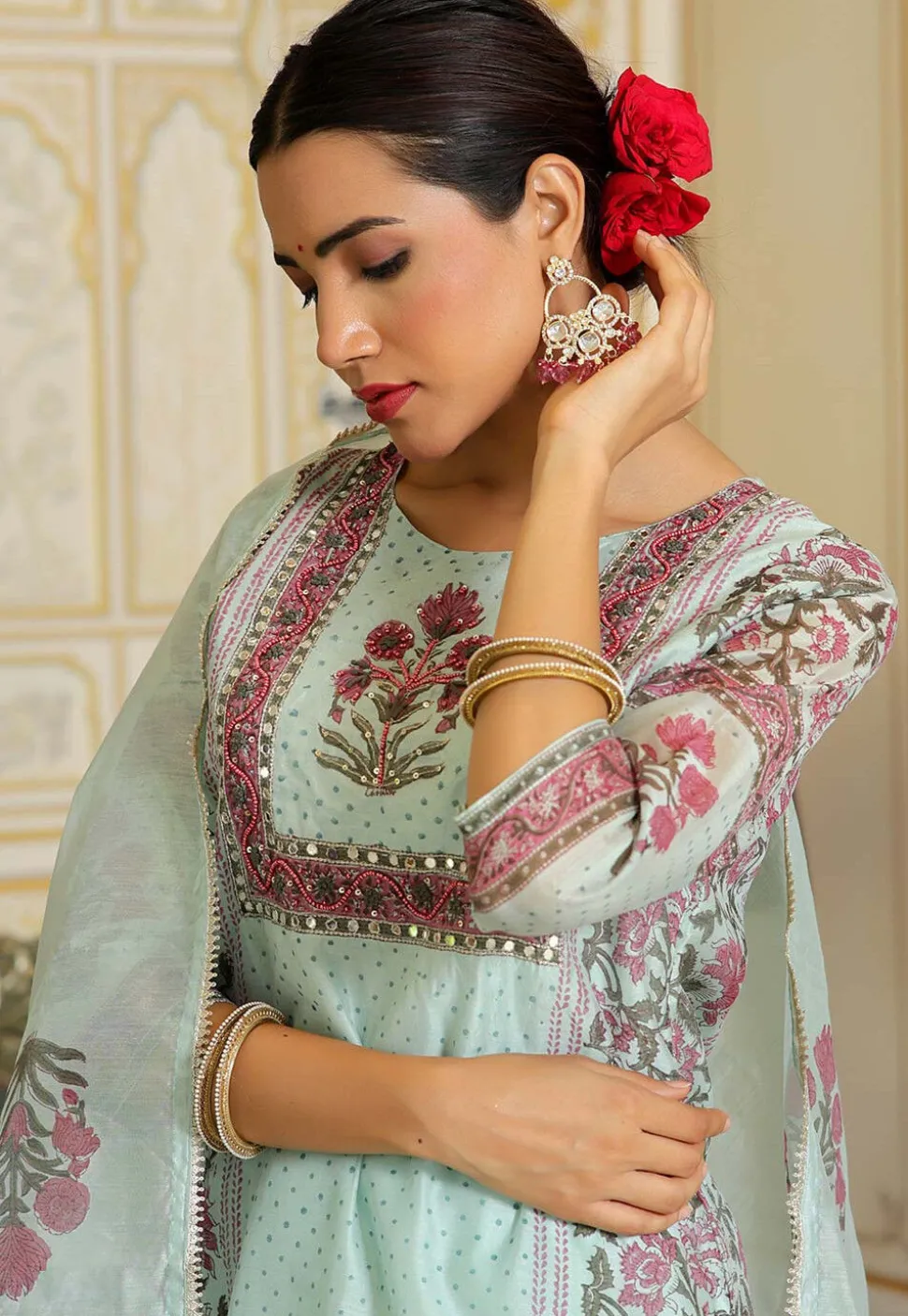 Block Printed Art Chanderi Silk Pakistani Suit in Pastel Green