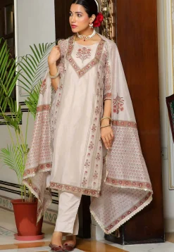 Block Printed Art Chanderi Silk Pakistani Suit in Fawn