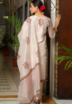 Block Printed Art Chanderi Silk Pakistani Suit in Fawn
