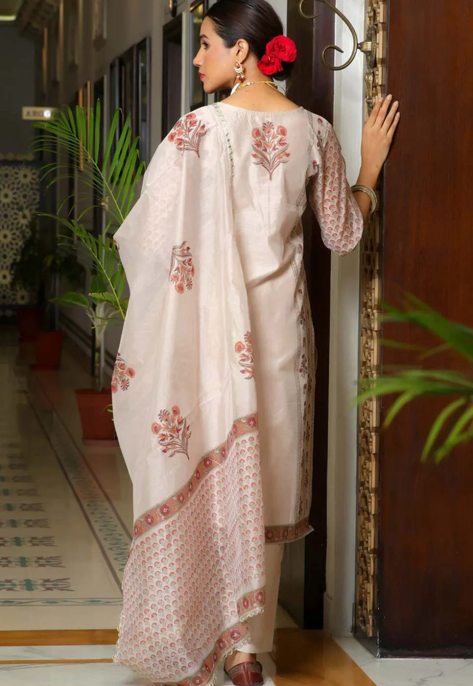 Block Printed Art Chanderi Silk Pakistani Suit in Fawn