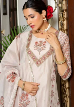 Block Printed Art Chanderi Silk Pakistani Suit in Fawn