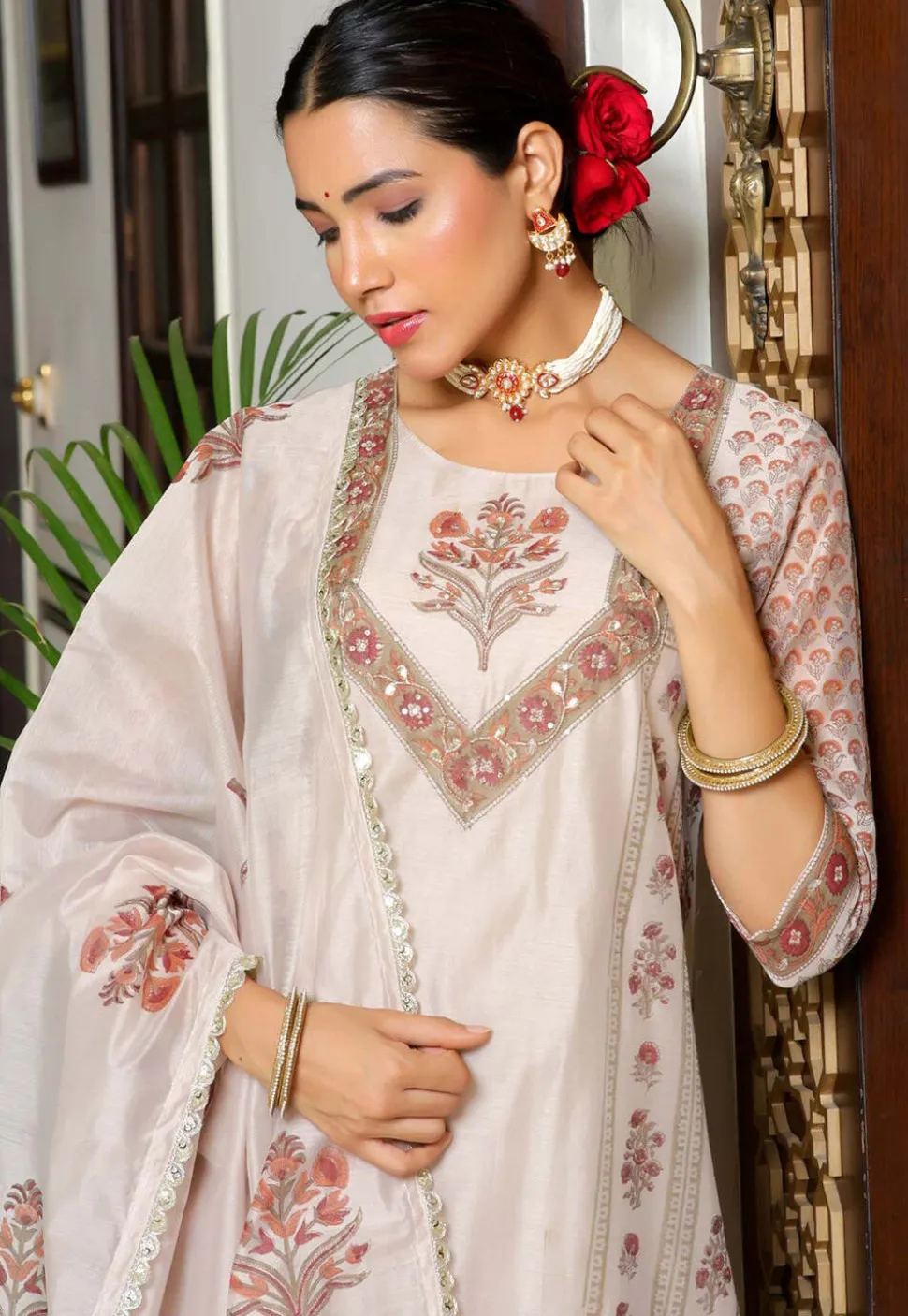 Block Printed Art Chanderi Silk Pakistani Suit in Fawn