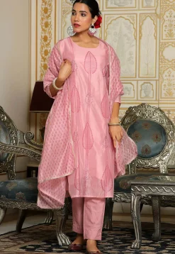 Block Printed Art Chanderi Silk Pakistani Suit in Pink
