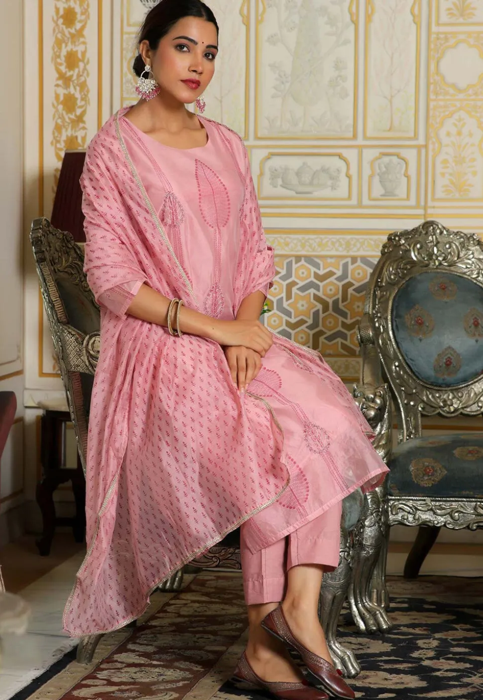 Block Printed Art Chanderi Silk Pakistani Suit in Pink