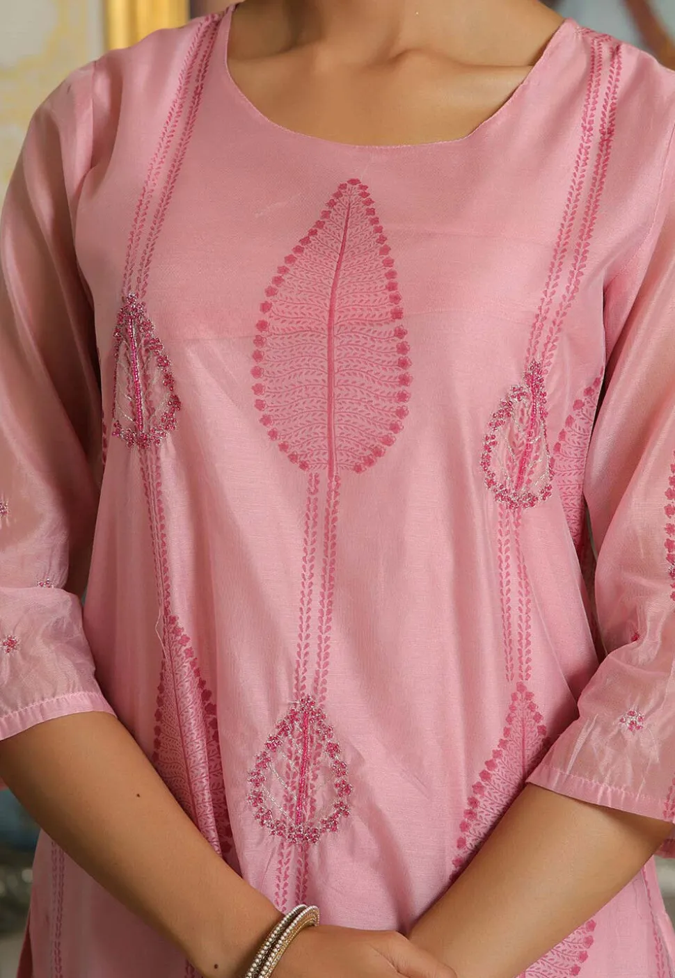 Block Printed Art Chanderi Silk Pakistani Suit in Pink