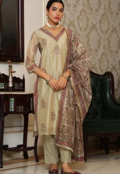 Block Printed Art Chanderi Silk Pakistani Suit in Beige