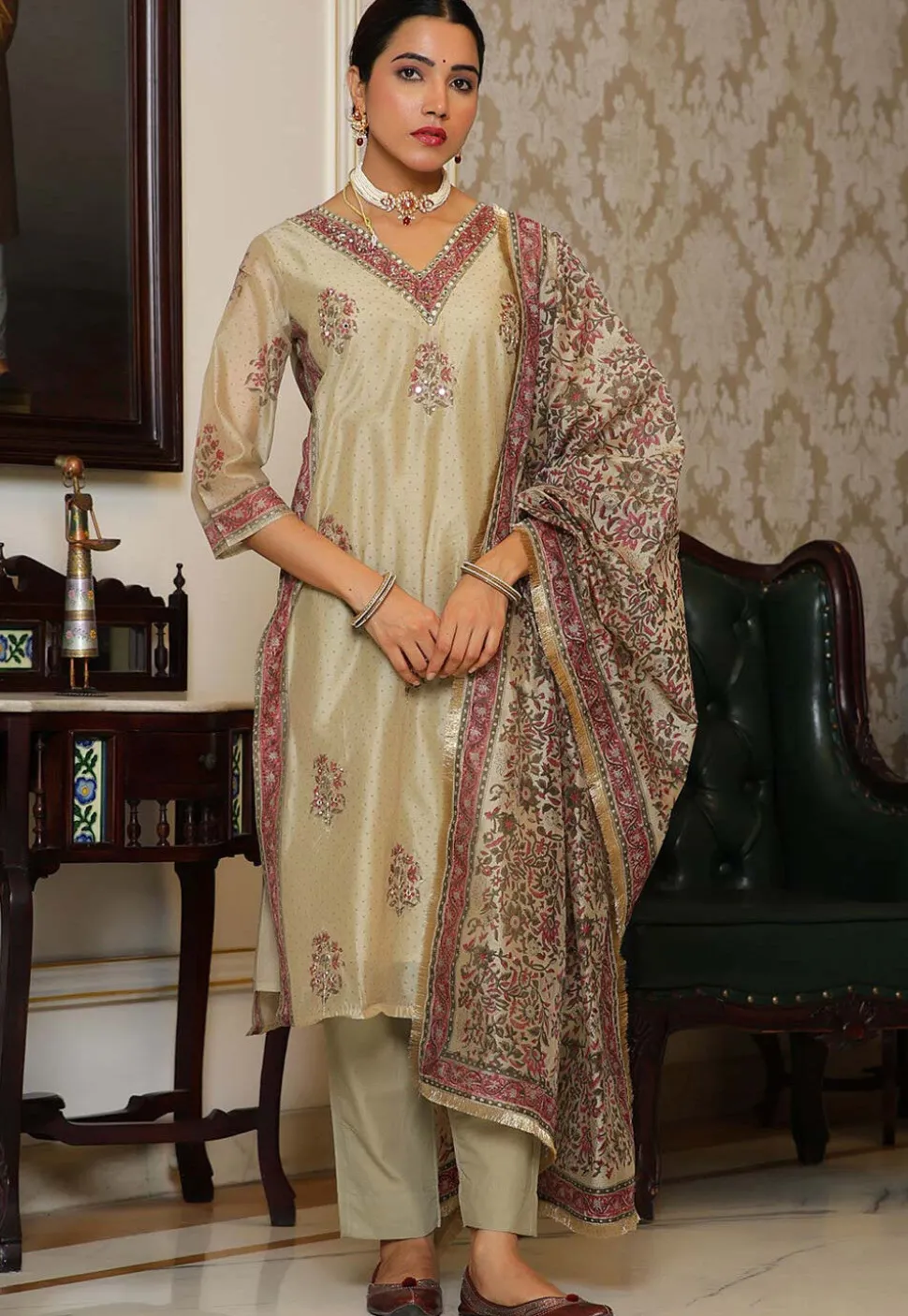 Block Printed Art Chanderi Silk Pakistani Suit in Beige