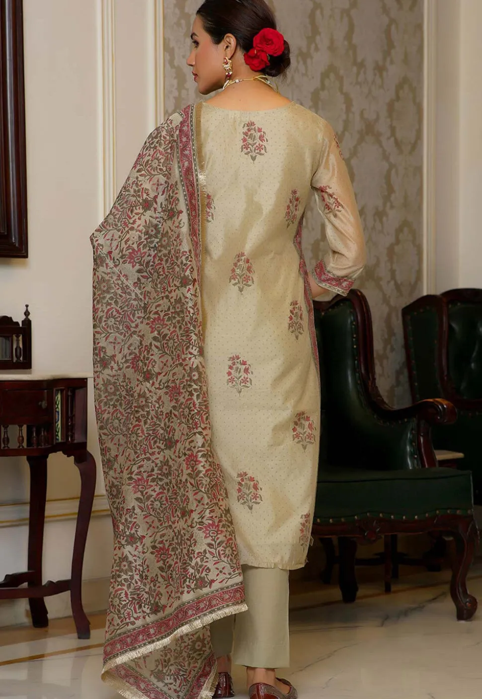 Block Printed Art Chanderi Silk Pakistani Suit in Beige