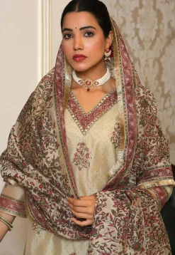 Block Printed Art Chanderi Silk Pakistani Suit in Beige