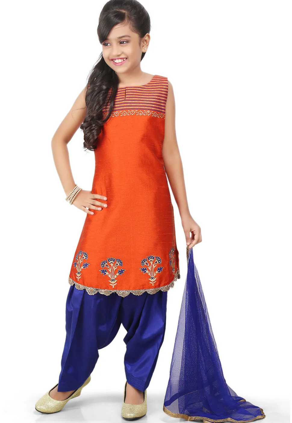 Block Printed Art Dupion Silk Straight Suit in Orange
