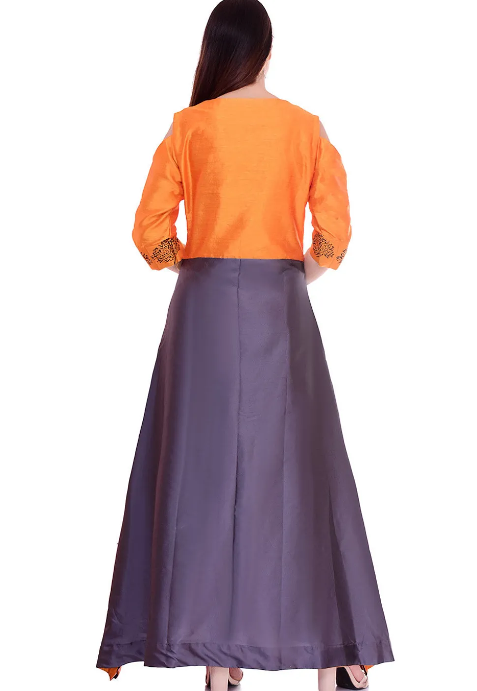 Block Printed Art Silk Abaya Style Suit in Orange and Grey