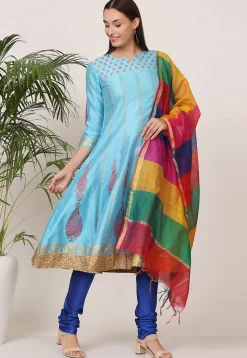 Block Printed Art Silk Anarkali Suit in Light Blue
