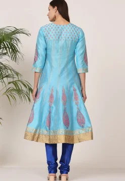 Block Printed Art Silk Anarkali Suit in Light Blue