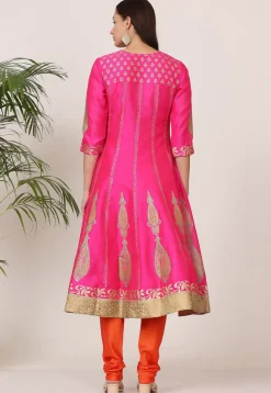 Block Printed Art Silk Anarkali Suit in Pink