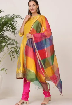 Block Printed Art Silk Anarkali Suit in Yellow
