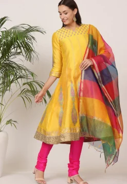 Block Printed Art Silk Anarkali Suit in Yellow