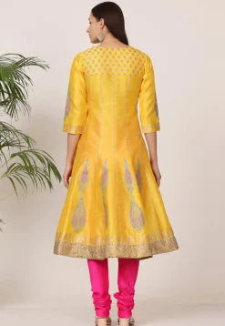 Block Printed Art Silk Anarkali Suit in Yellow