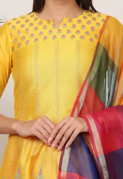 Block Printed Art Silk Anarkali Suit in Yellow