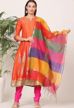 Block Printed Art Silk Anarkali Suit in Orange