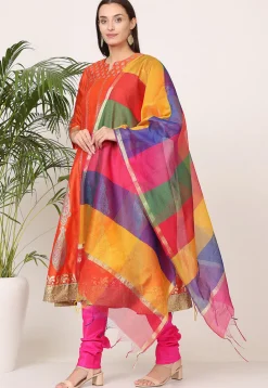 Block Printed Art Silk Anarkali Suit in Orange