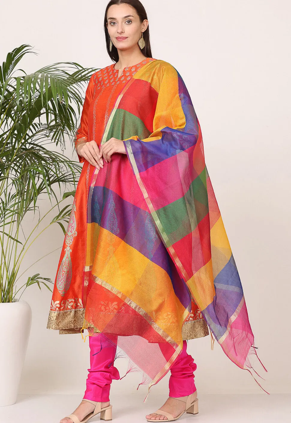 Block Printed Art Silk Anarkali Suit in Orange
