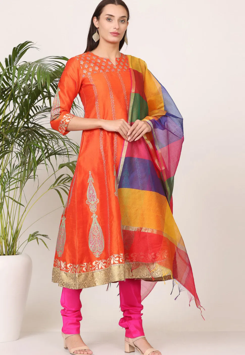 Block Printed Art Silk Anarkali Suit in Orange