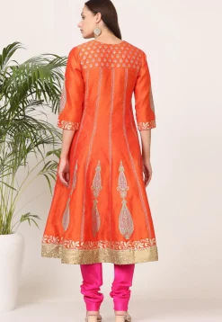 Block Printed Art Silk Anarkali Suit in Orange
