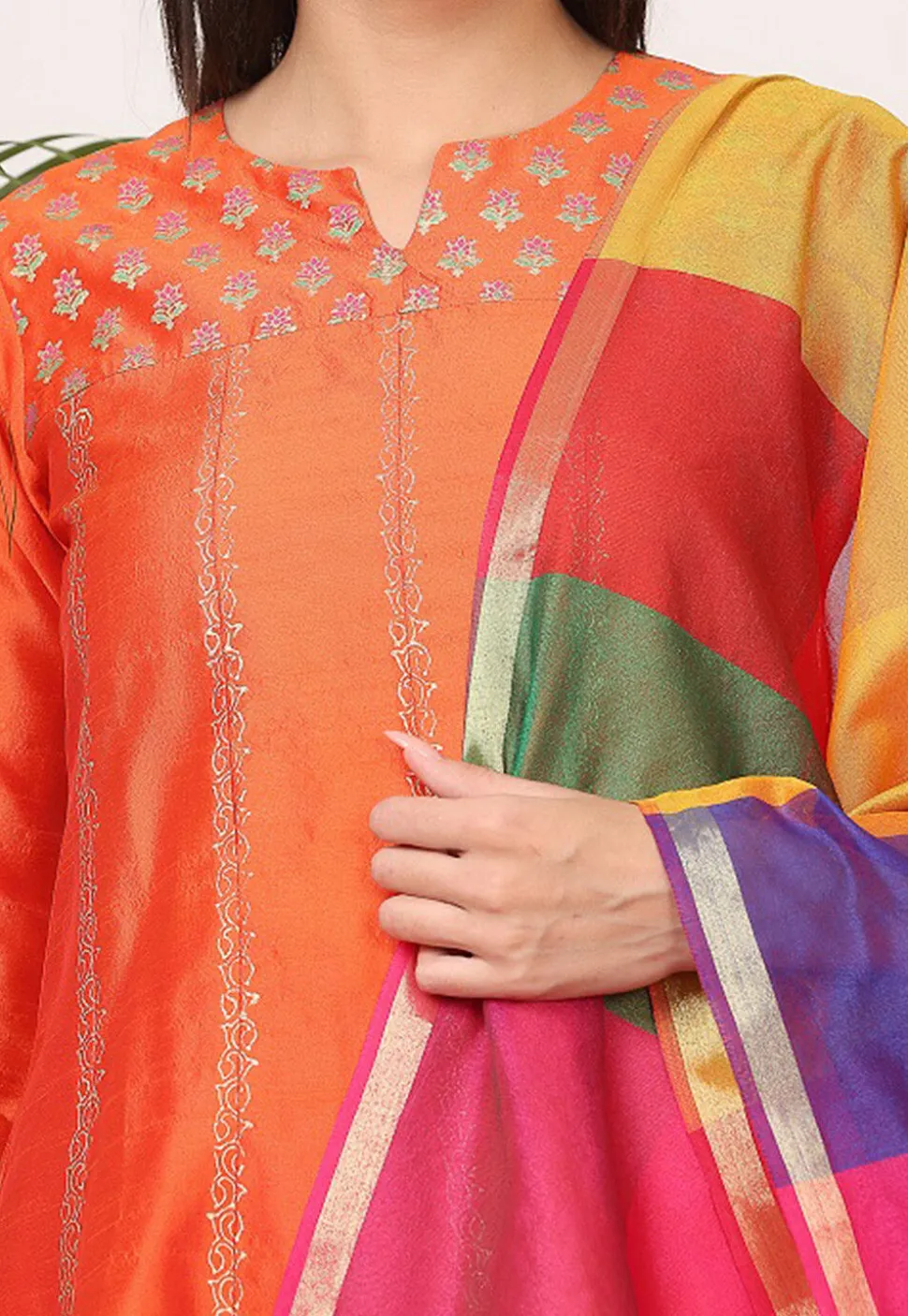 Block Printed Art Silk Anarkali Suit in Orange