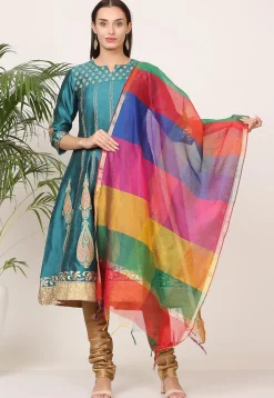 Block Printed Art Silk Anarkali Suit in Teal Green