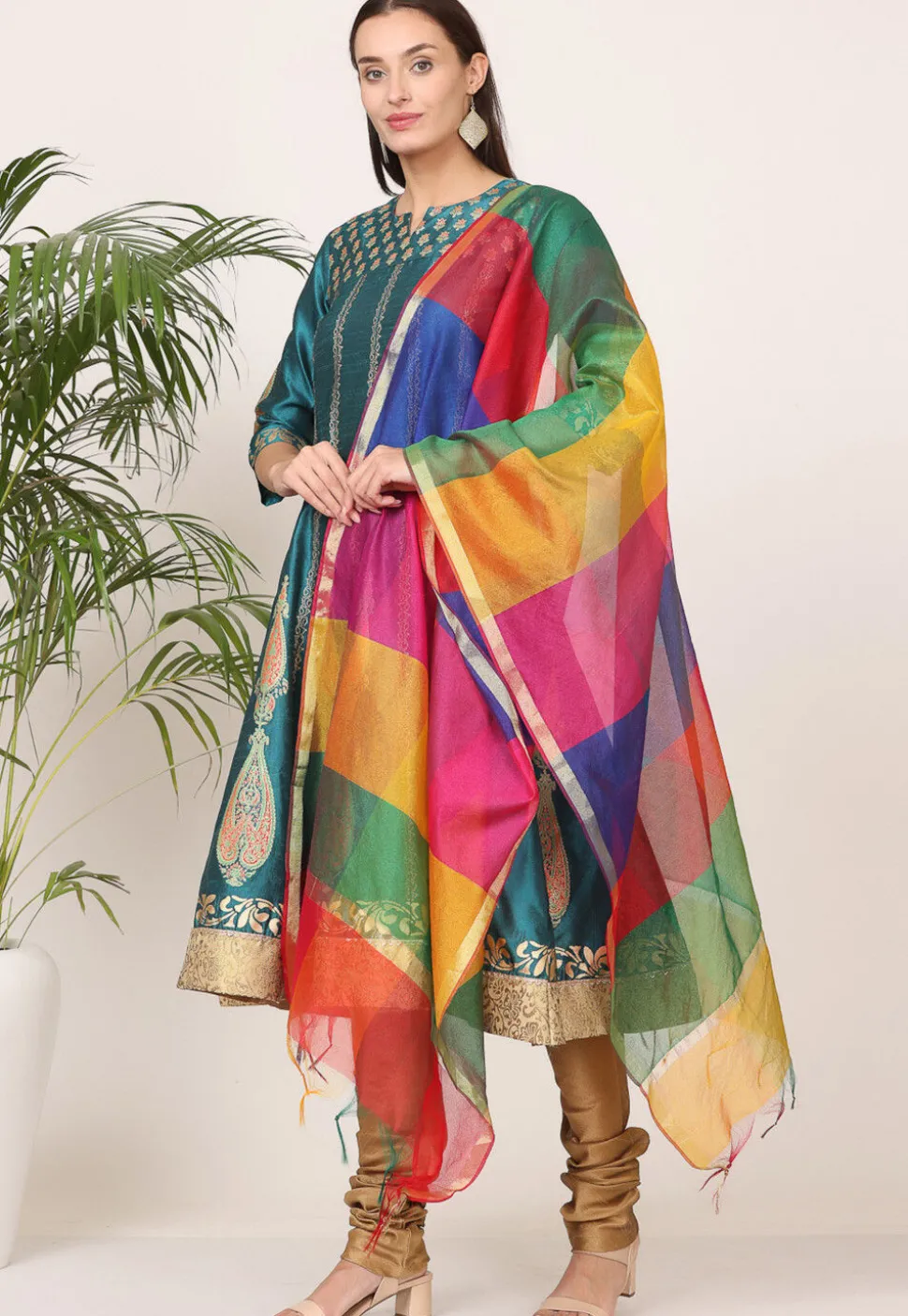 Block Printed Art Silk Anarkali Suit in Teal Green