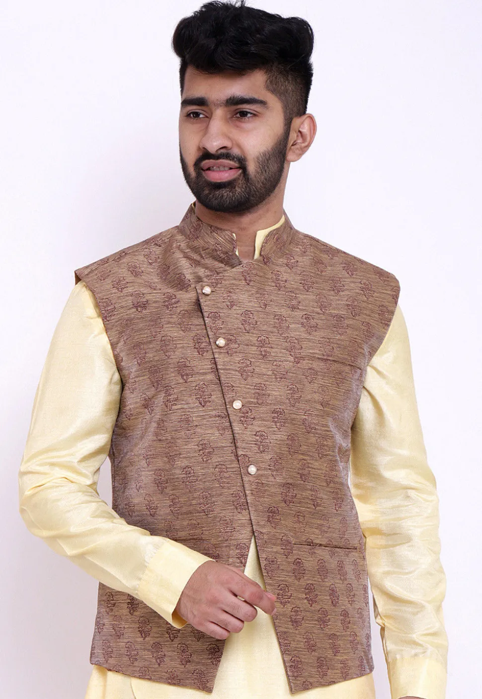 Block Printed Art Silk Asymmetric Nehru Jacket in Dark Beige