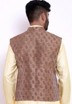 Block Printed Art Silk Asymmetric Nehru Jacket in Dark Beige