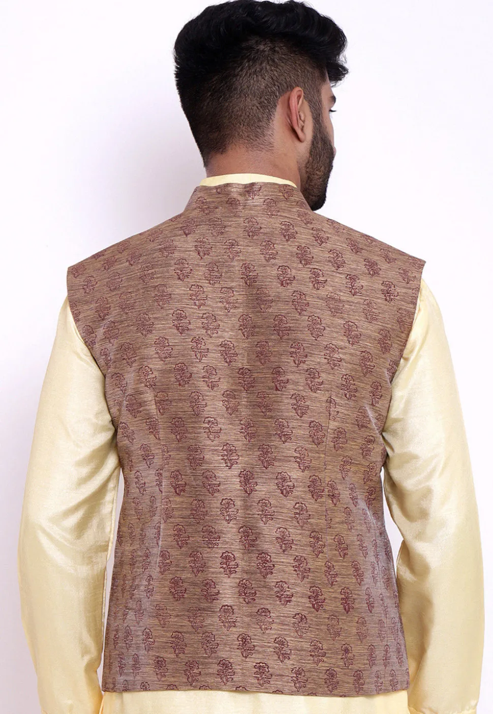 Block Printed Art Silk Asymmetric Nehru Jacket in Dark Beige