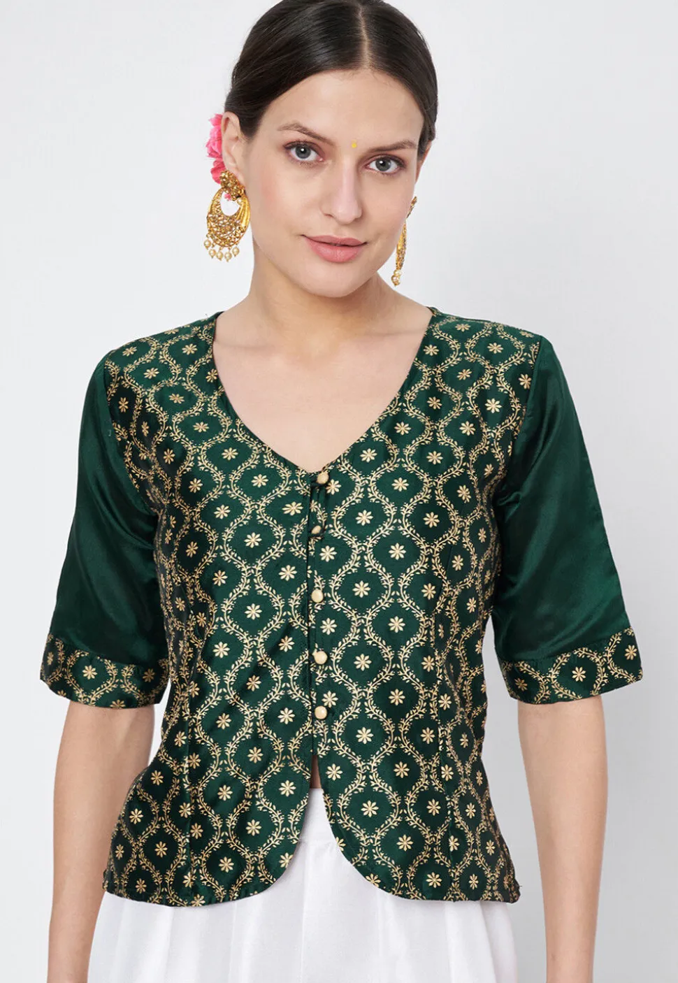 Block Printed Art Silk Blouse in Dark Green