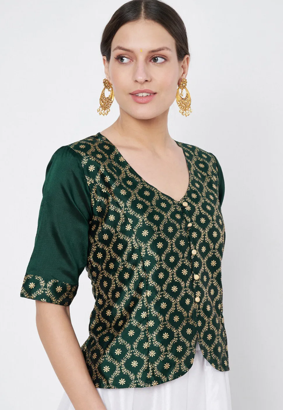 Block Printed Art Silk Blouse in Dark Green