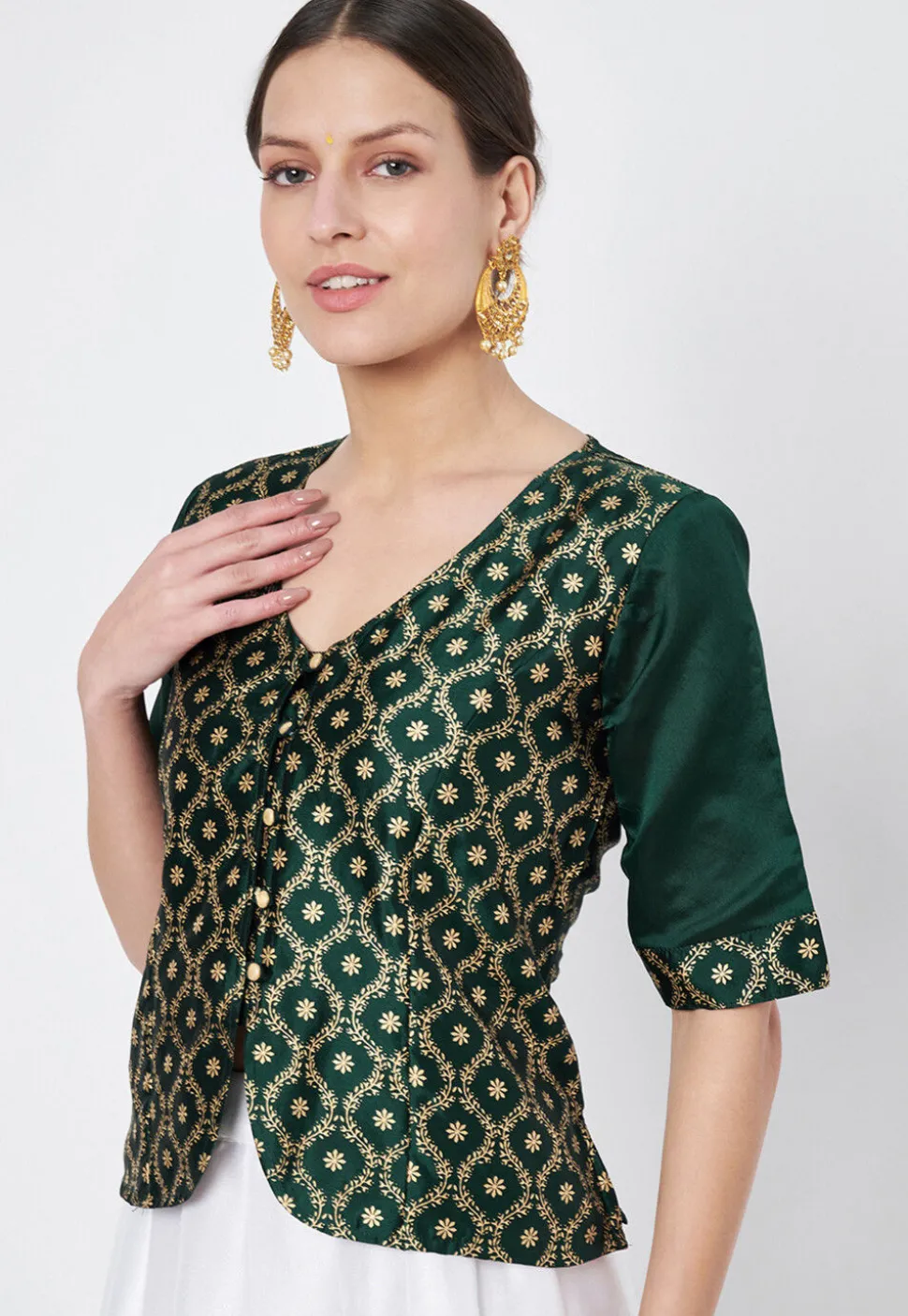 Block Printed Art Silk Blouse in Dark Green