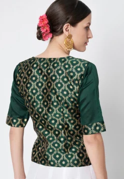 Block Printed Art Silk Blouse in Dark Green