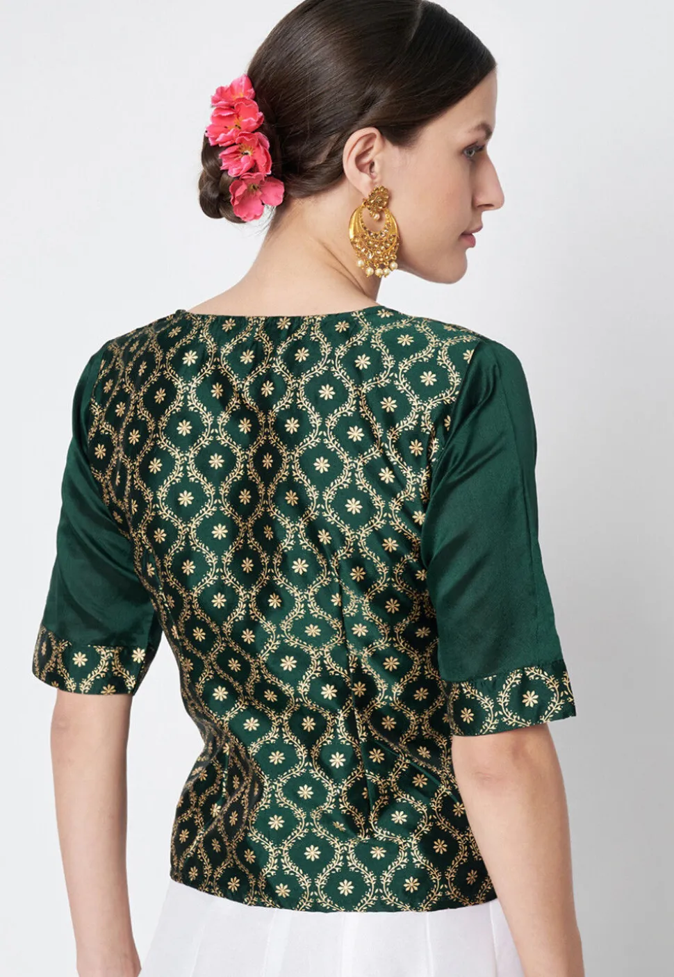 Block Printed Art Silk Blouse in Dark Green