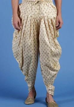 Block Printed Art Silk Dhoti Pant in Beige
