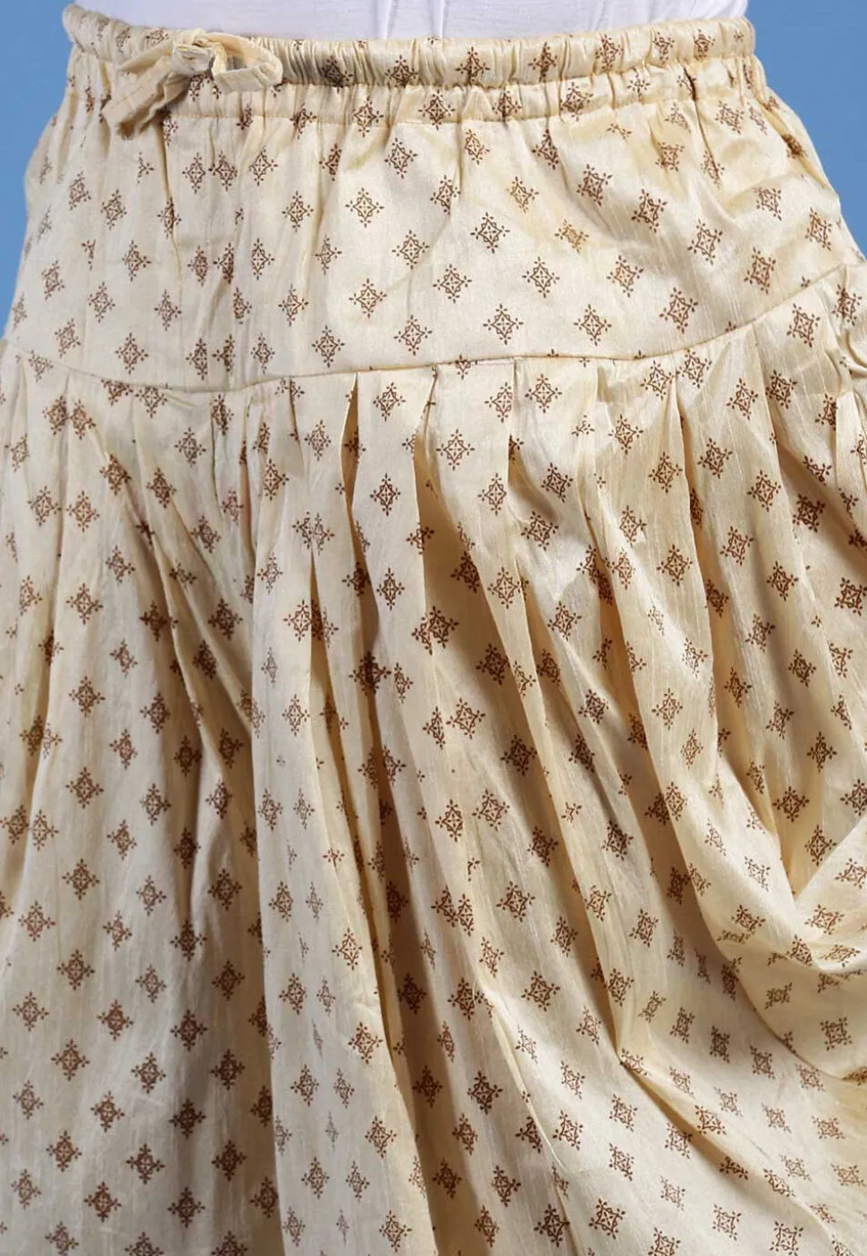 Block Printed Art Silk Dhoti Pant in Beige