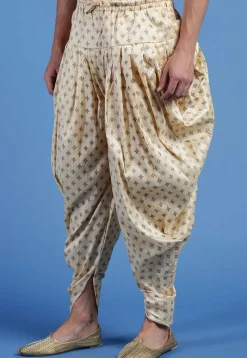 Block Printed Art Silk Dhoti Pant in Beige