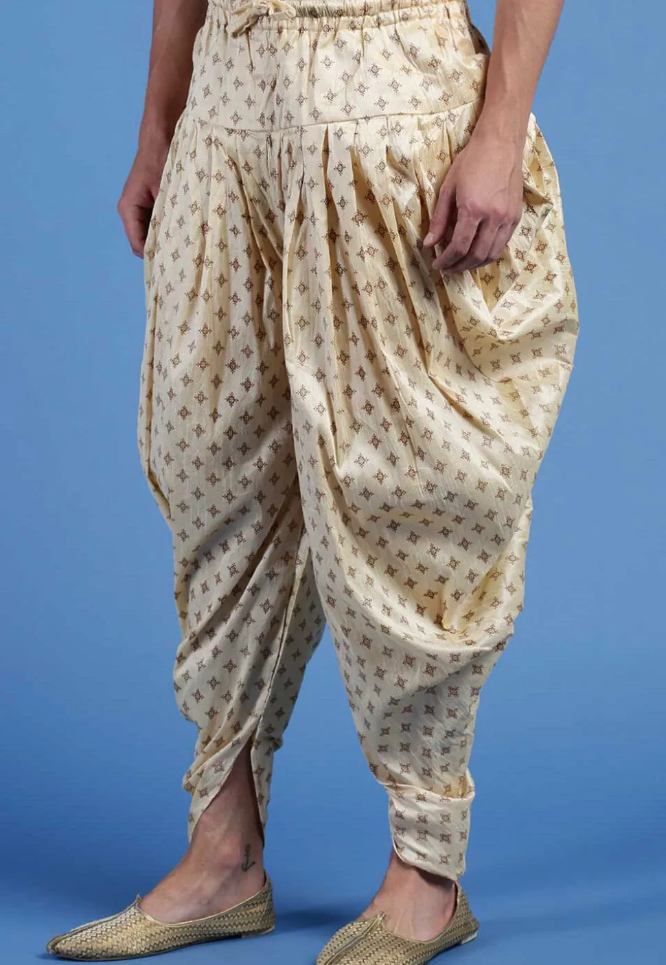 Block Printed Art Silk Dhoti Pant in Beige