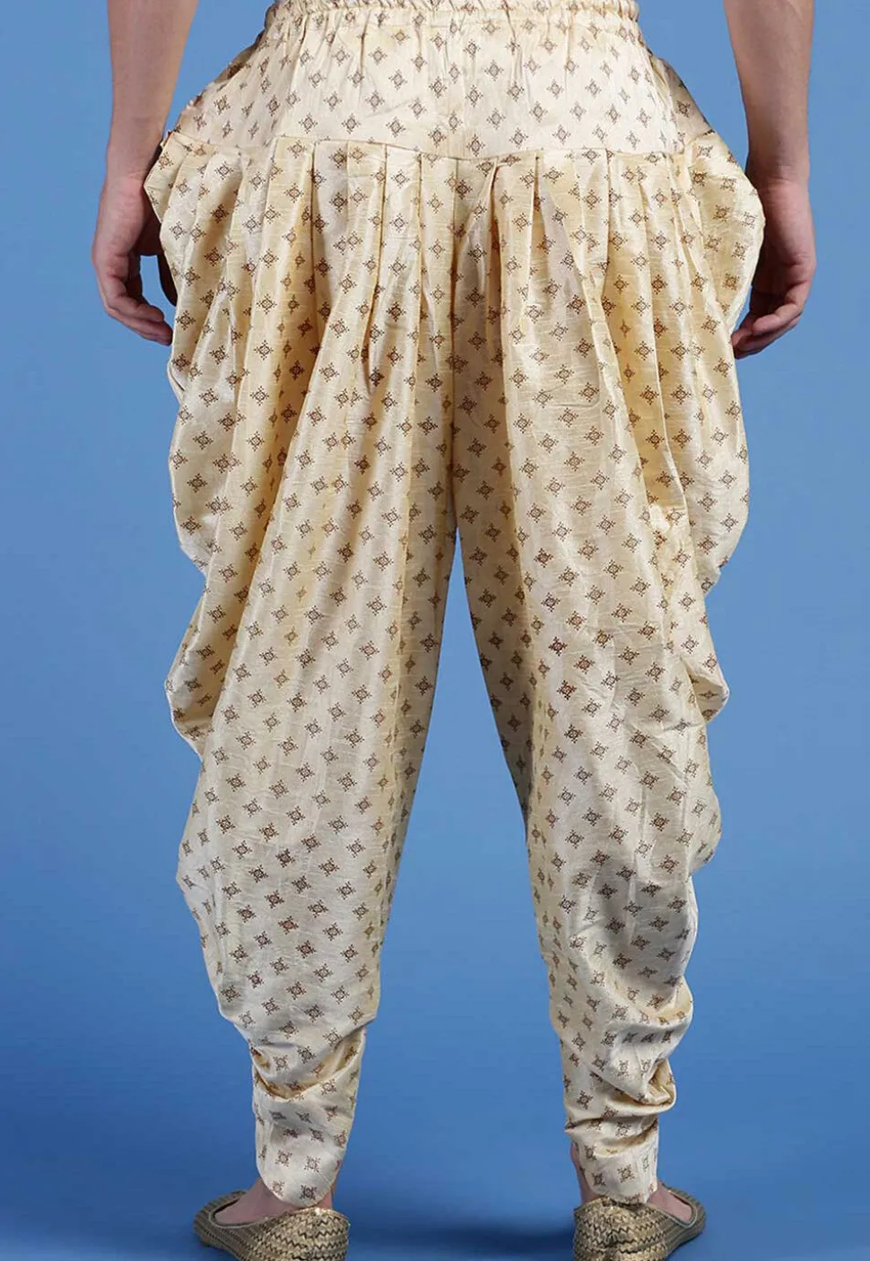 Block Printed Art Silk Dhoti Pant in Beige