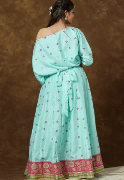 Block Printed Art Silk Gown in Sea Green
