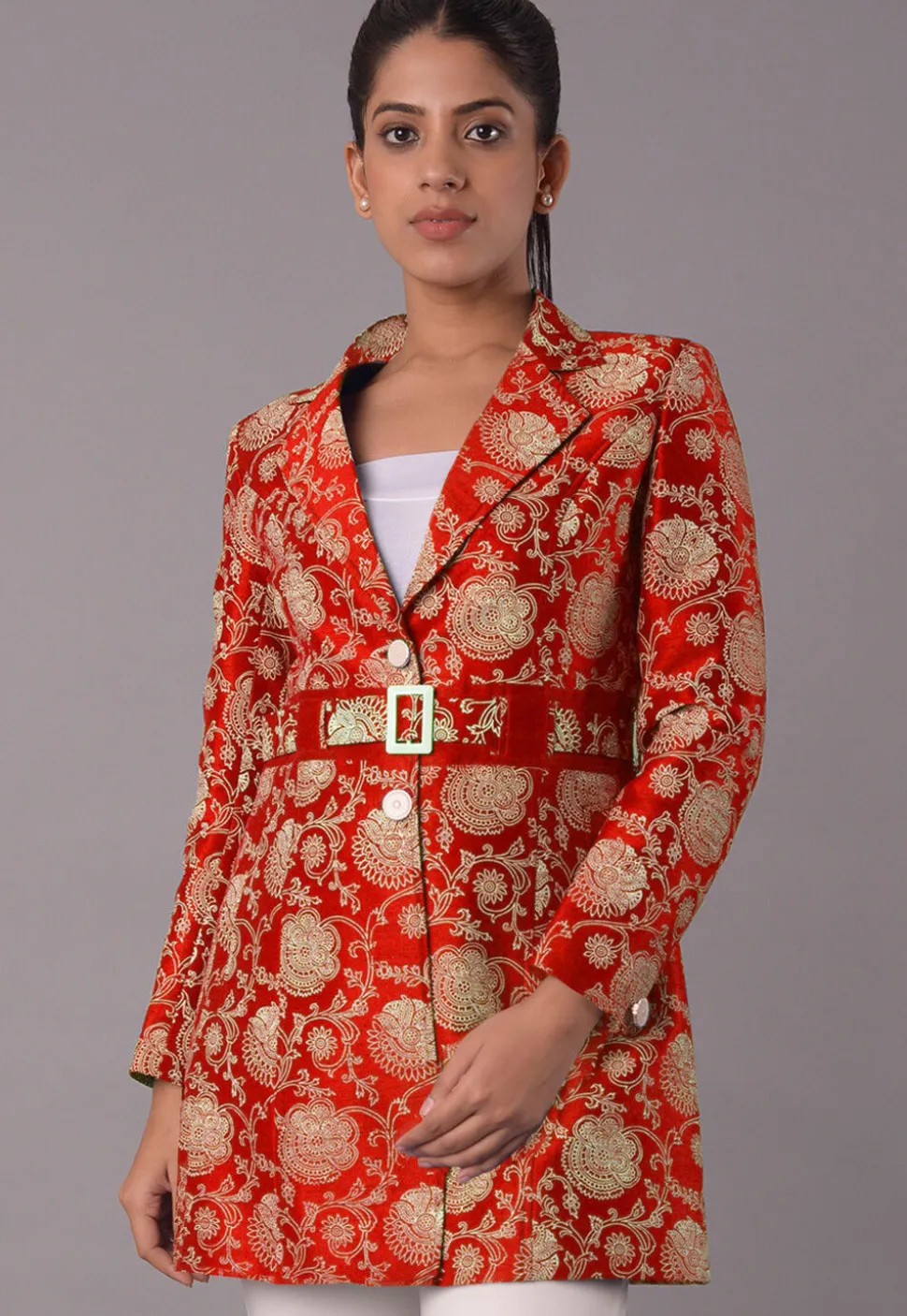 Block Printed Art Silk Jacket in Red