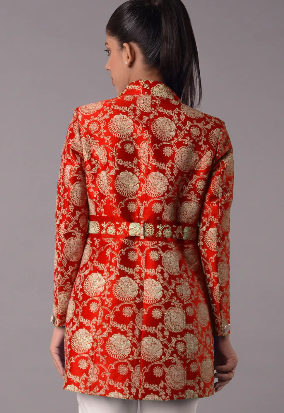 Block Printed Art Silk Jacket in Red