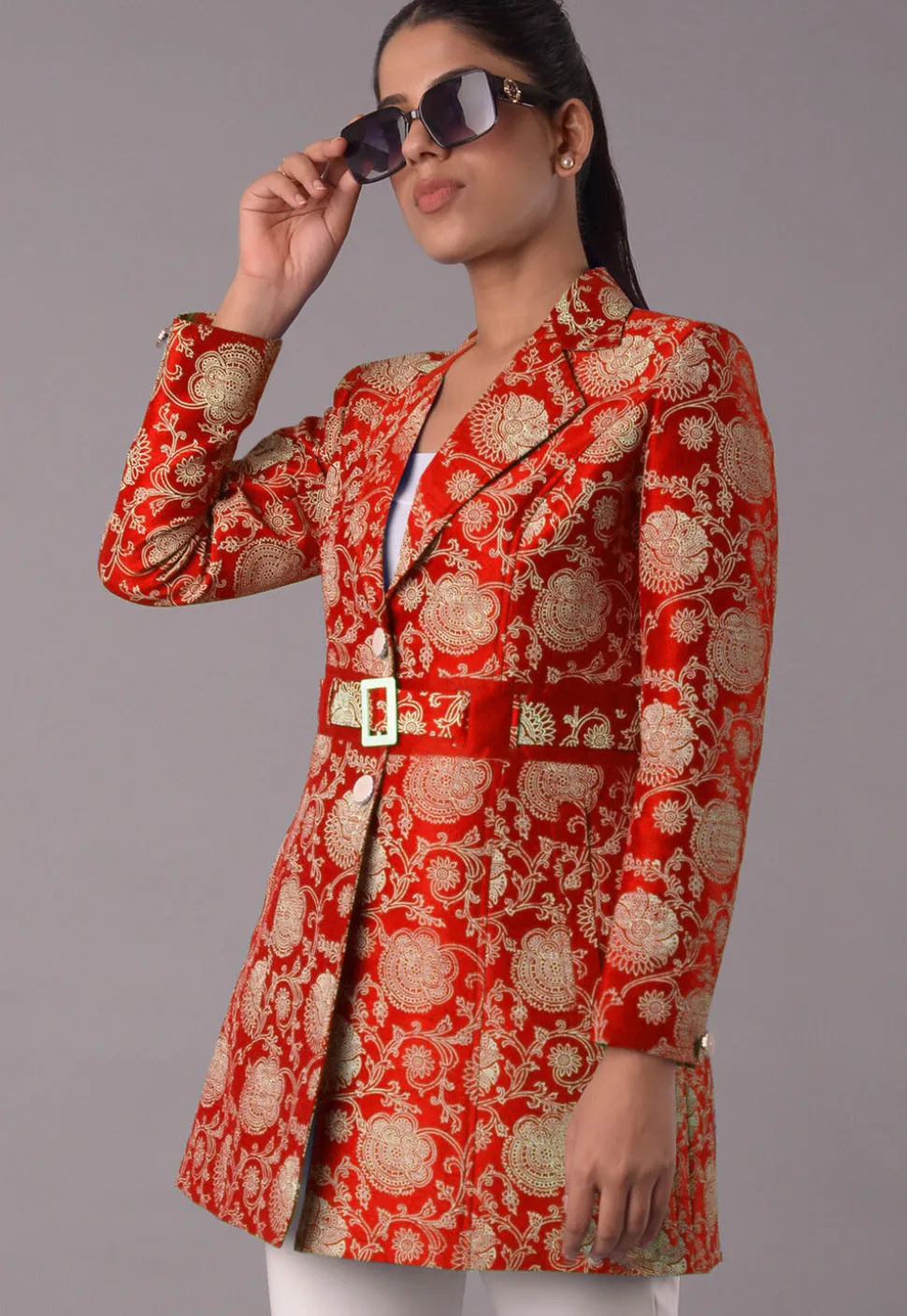 Block Printed Art Silk Jacket in Red